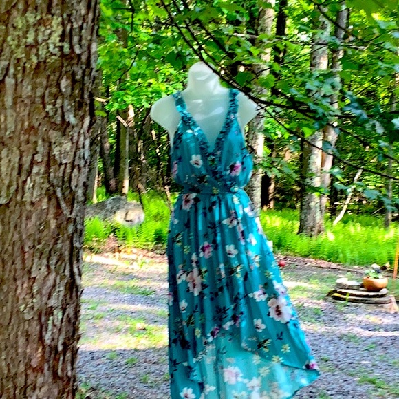 Turquoise Floral High Low Summer Dress Sz.S - Picture 1 of 6